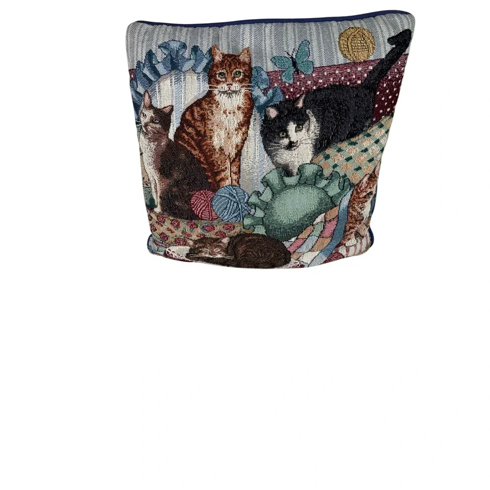 Vintage Woven Tapestry Cat Throw Pillow Decorative Cushion Navy Blue Backing